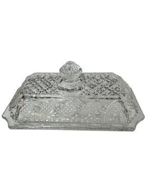 Avon Clear Pressed Glass Butter Dish w/ Lid Diamond Pattern 7 in Vintage B
